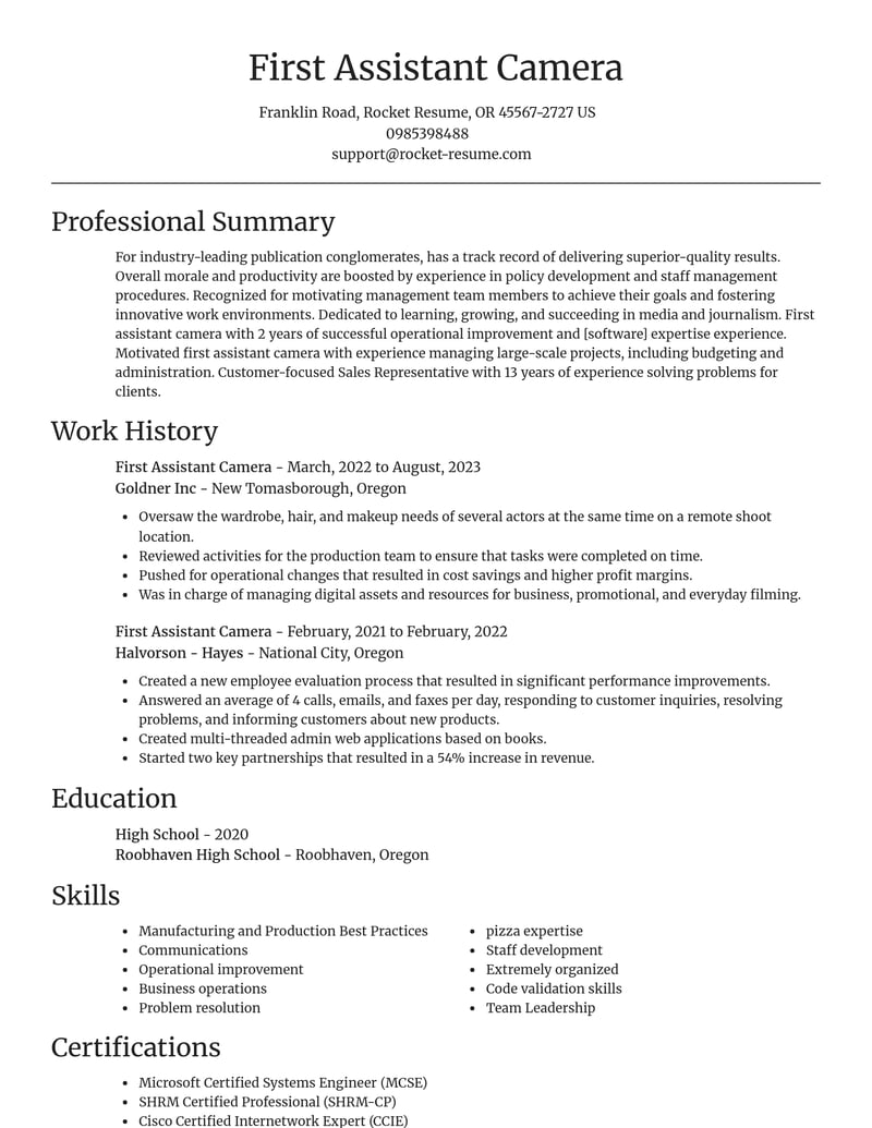first assistant camera media and journalism resume focal point template 2 foc