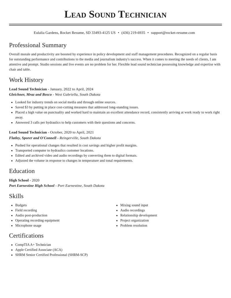 lead sound technician media and journalism resume classic template 0 cla