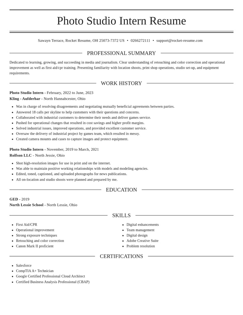 photo studio intern media and journalism resume elegant template 1 ele