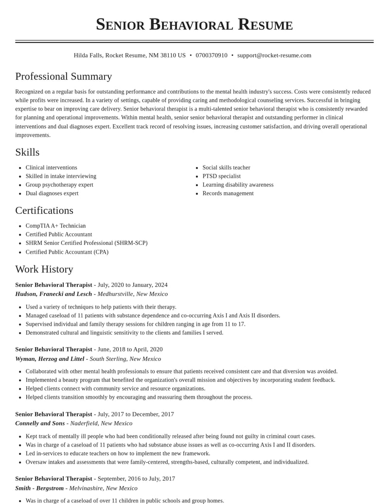 senior behavioral therapist mental health resume classic template 1 cla