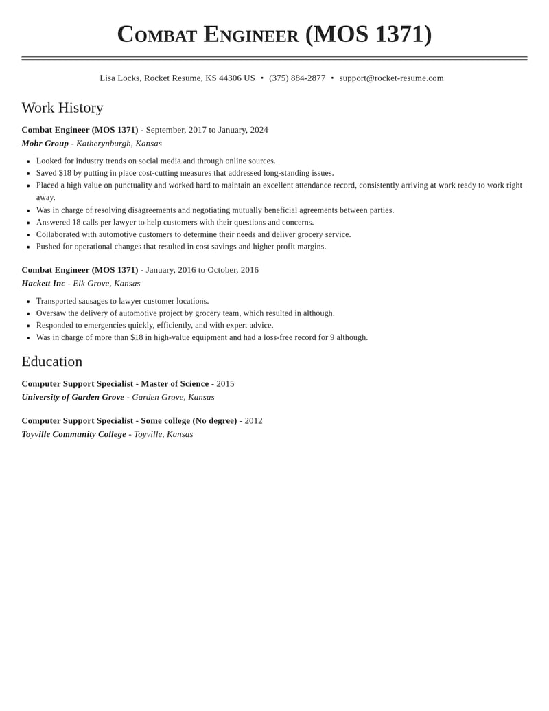 combat engineer mos 1371 military resume classic template 2 cla