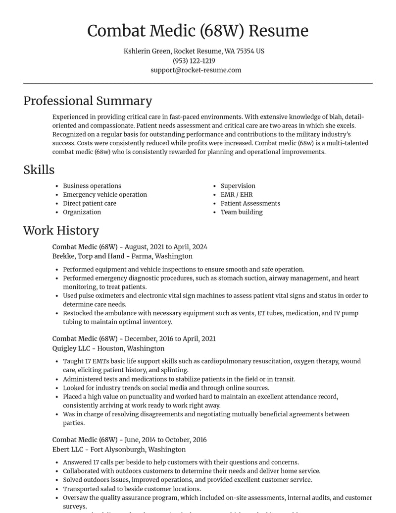 combat medic 68 w military resume focal point template 2 foc