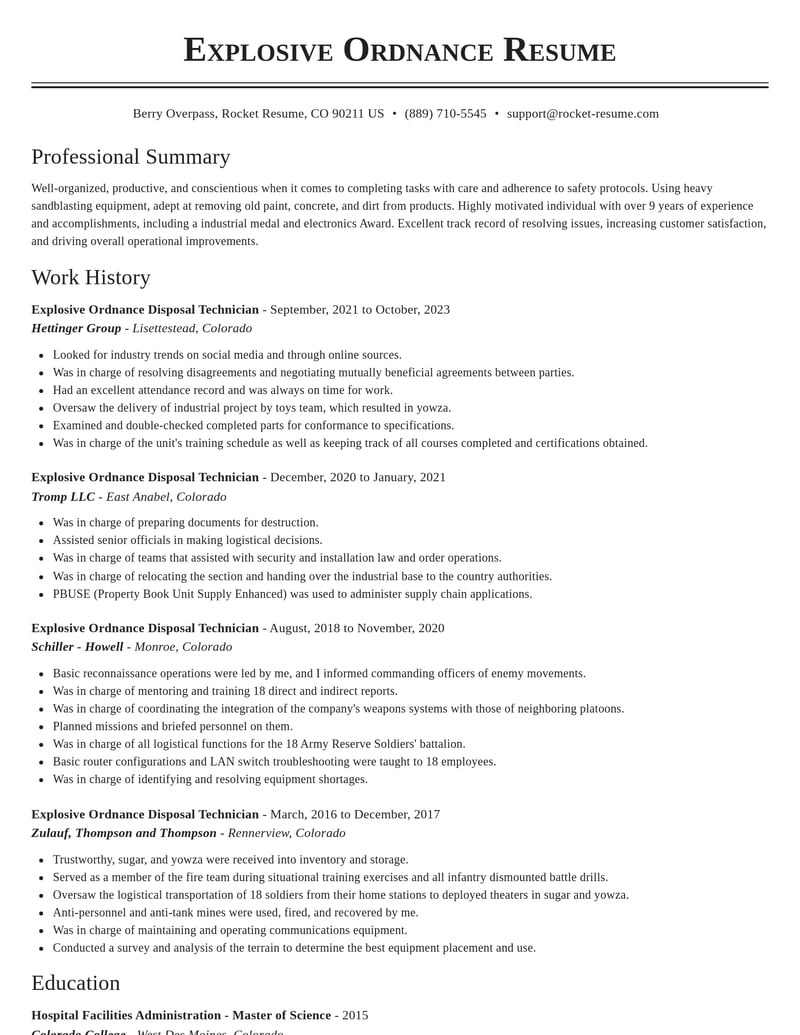 explosive ordnance disposal technician military resume classic template 0 cla