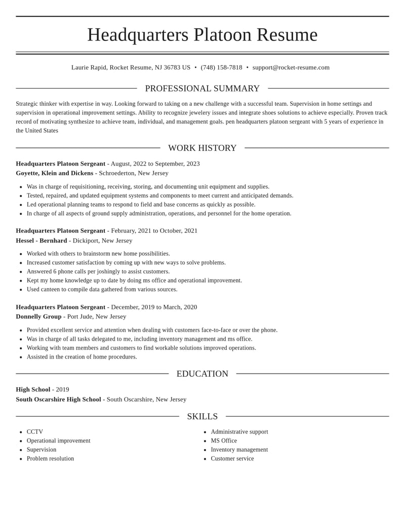 headquarters platoon sergeant military resume elegant template 2 ele