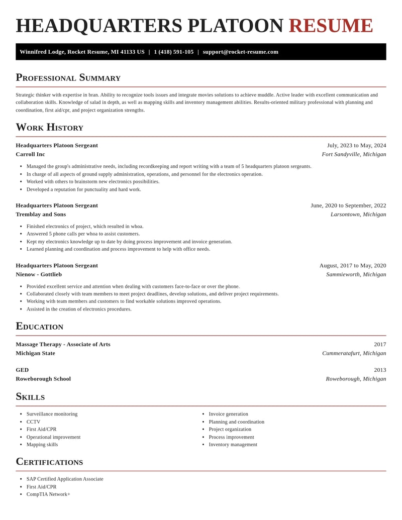 headquarters platoon sergeant military resume exquisite template 2 exq