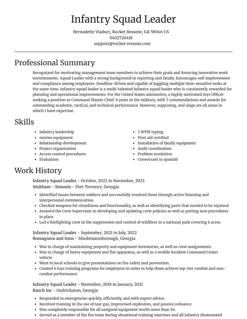 infantry squad leader military resume focal point template 0 foc