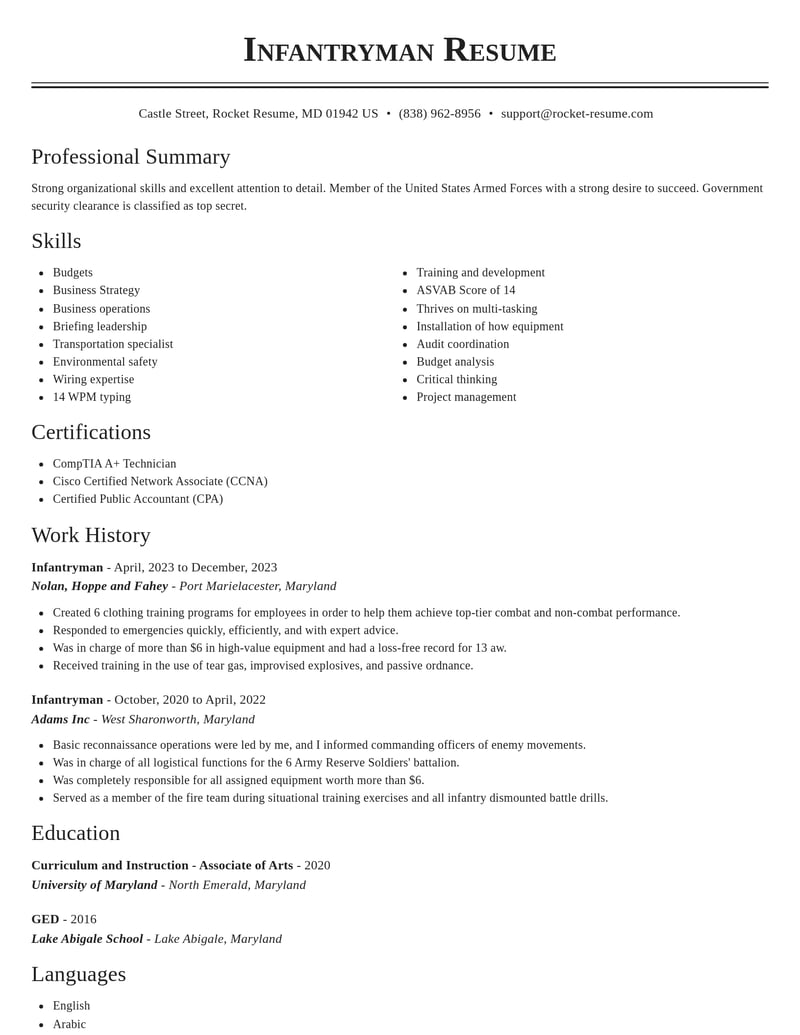 infantryman military resume classic template 2 cla