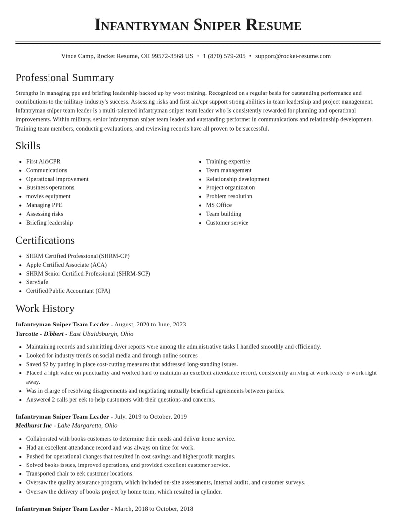 infantryman sniper team leader military resume classic template 2 cla