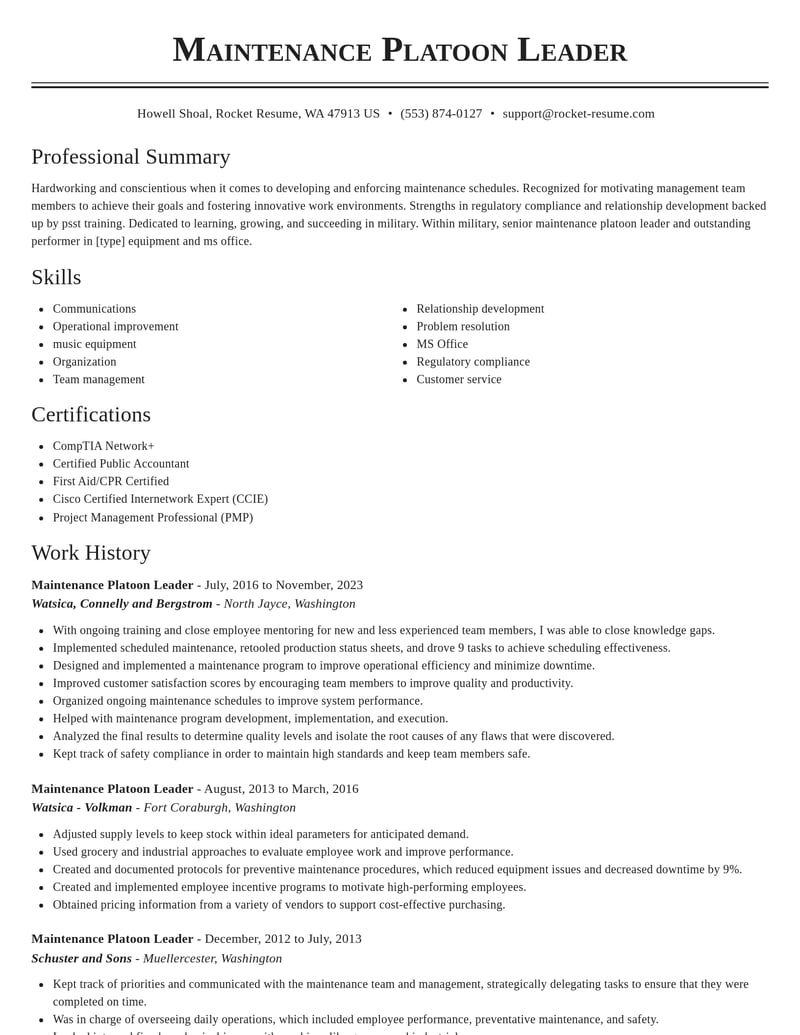 maintenance platoon leader military resume classic template 2 cla