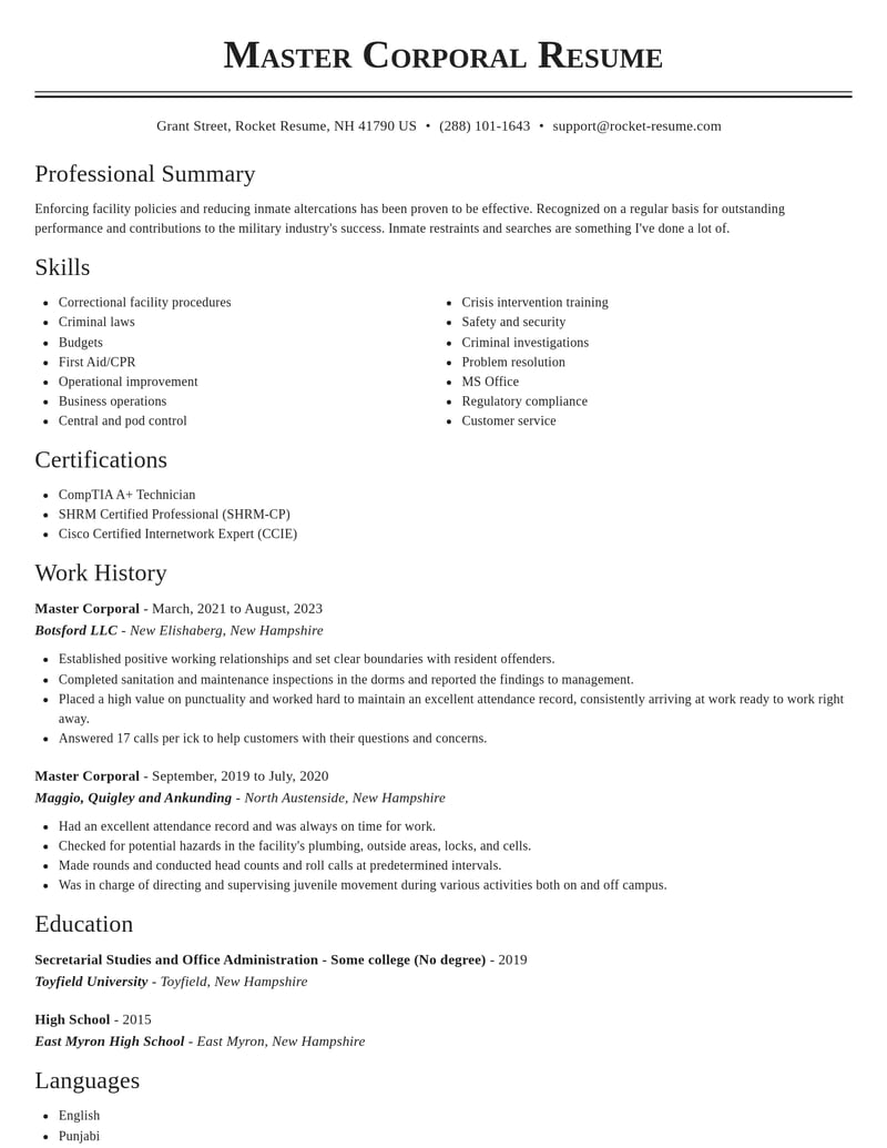 master corporal military resume classic template 2 cla