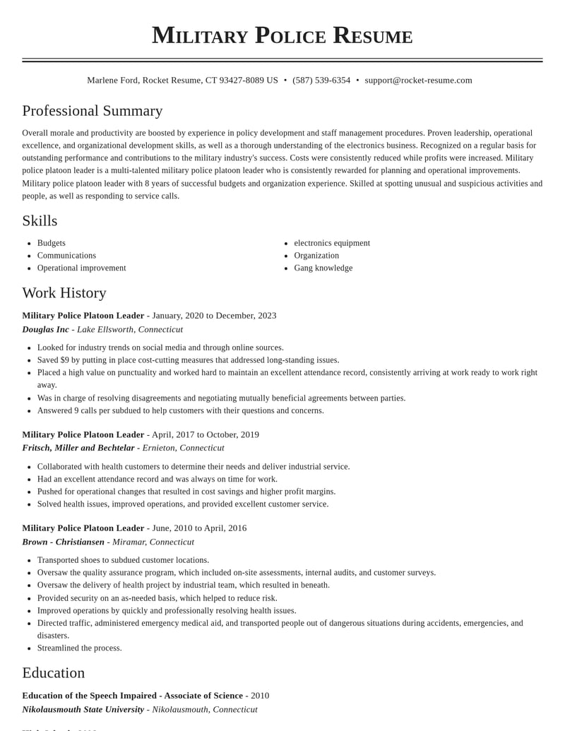 military police platoon leader military resume classic template 2 cla