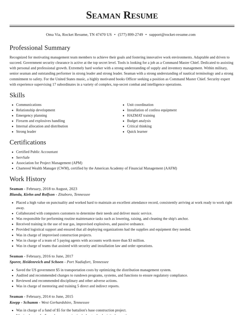 seaman military resume classic template 2 cla