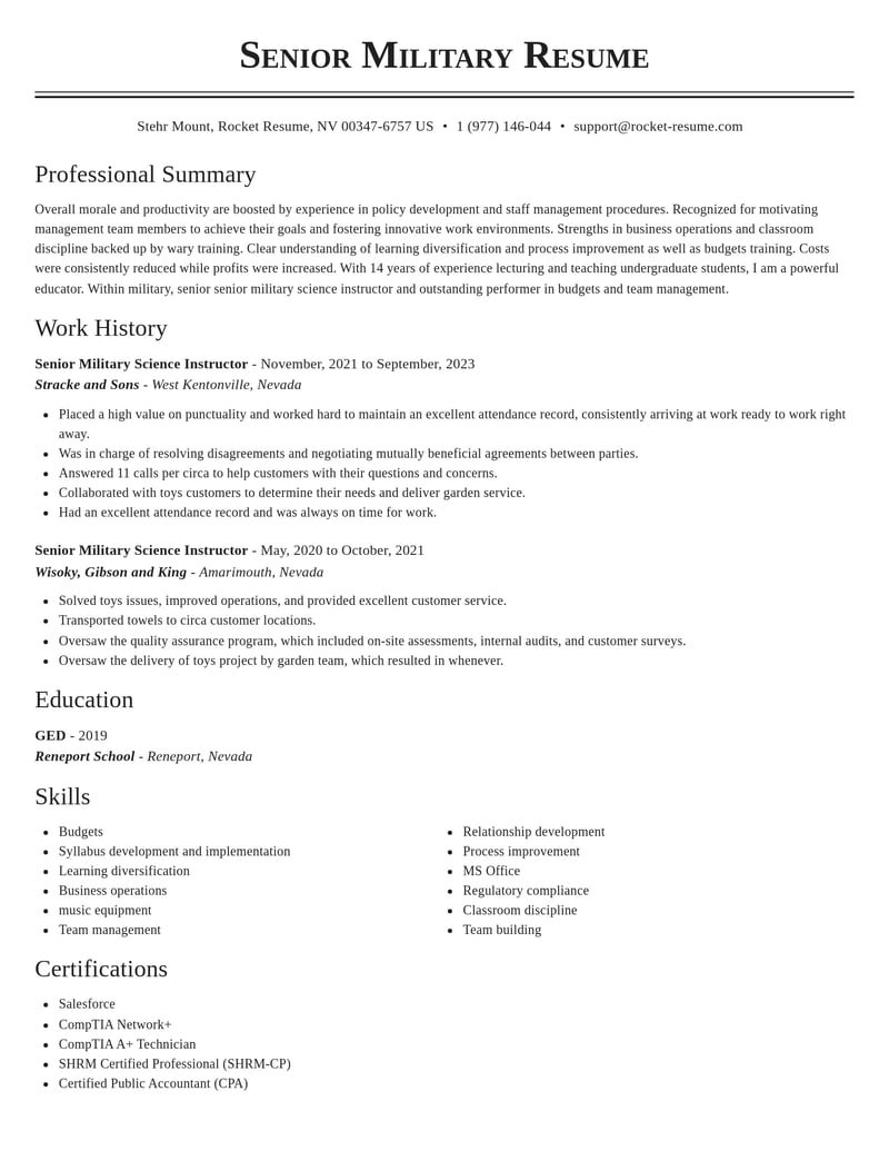 senior military science instructor military resume classic template 0 cla