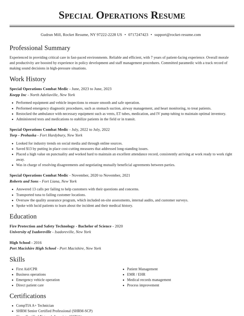 special operations combat medic military resume classic template 1 cla