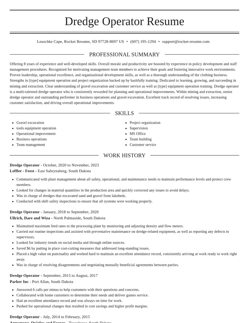 dredge operator mining and extraction resume elegant template 0 ele