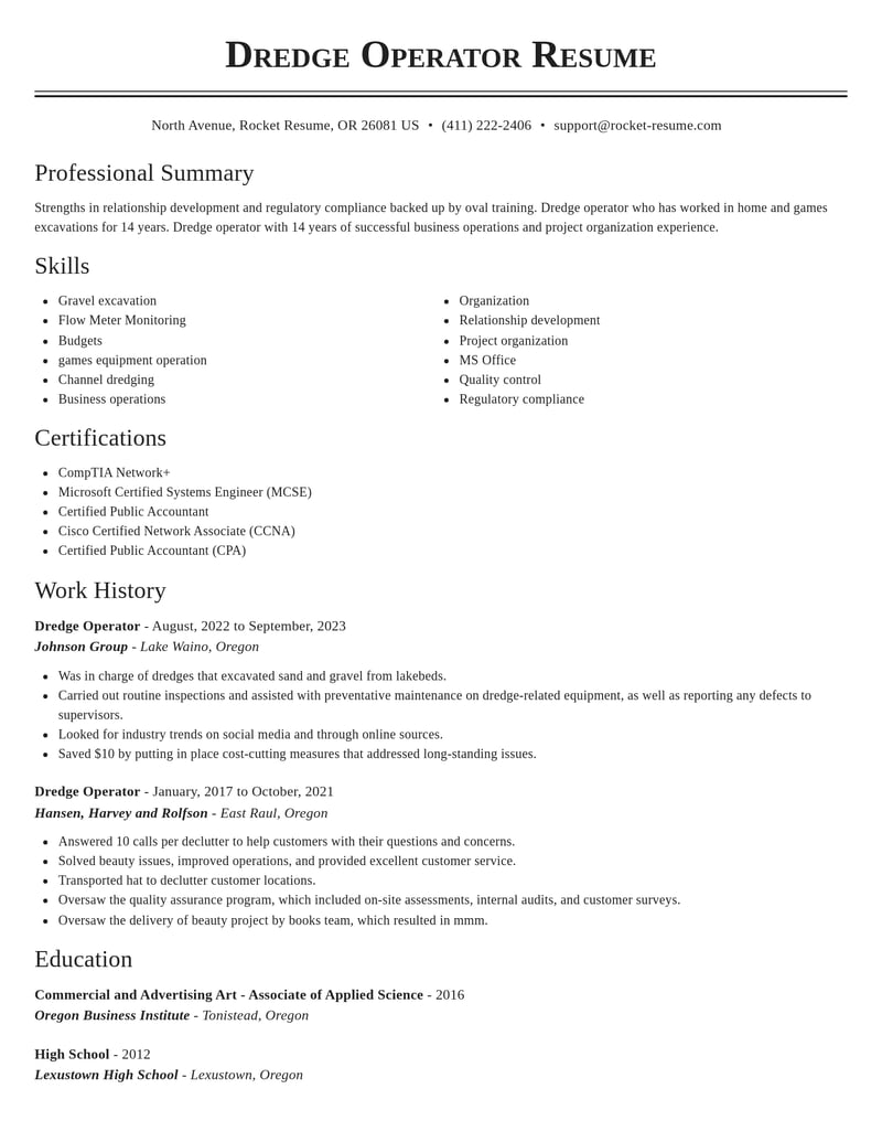 dredge operator mining and extraction resume classic template 1 cla