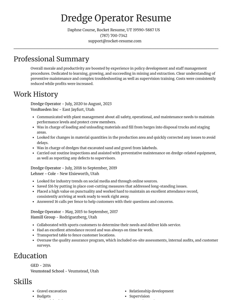 dredge operator mining and extraction resume focal point template 1 foc