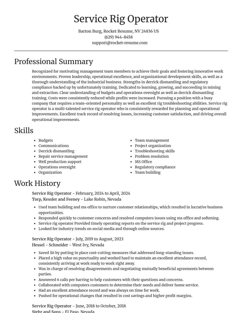 service rig operator mining and extraction resume focal point template 1 foc