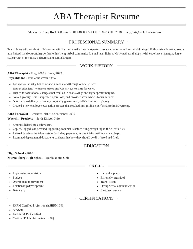 aba therapist misc resume elegant template 0 ele
