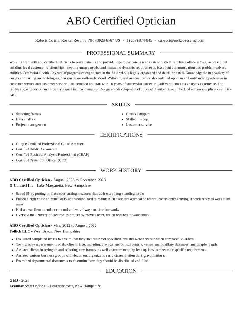 abo certified optician misc resume elegant template 2 ele