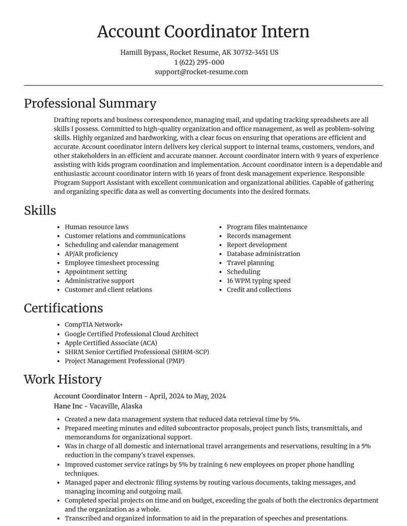 account coordinator intern misc resume focal point template 2 foc