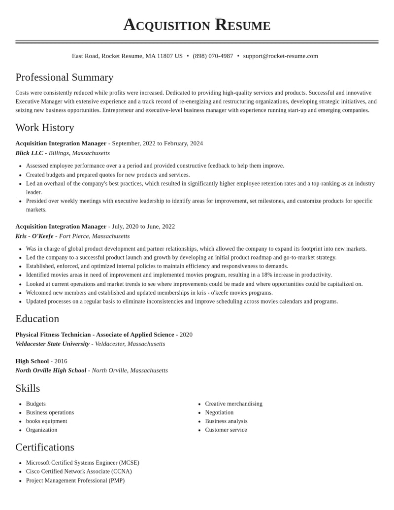 acquisition integration manager misc resume classic template 1 cla