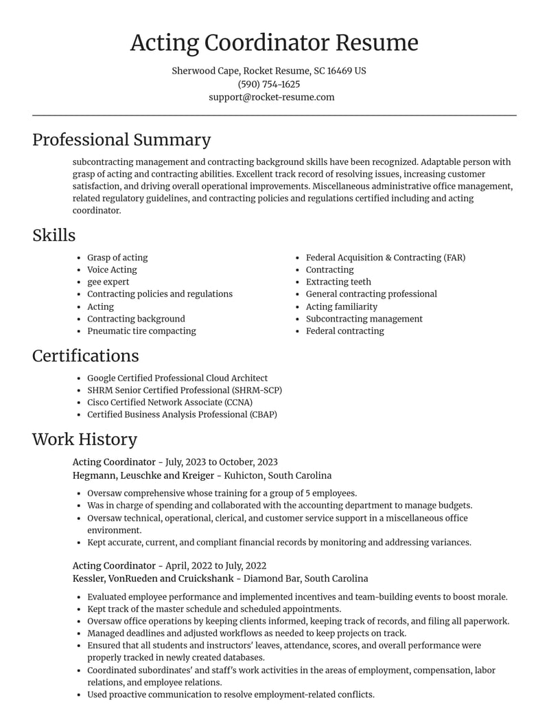 acting coordinator misc resume focal point template 1 foc