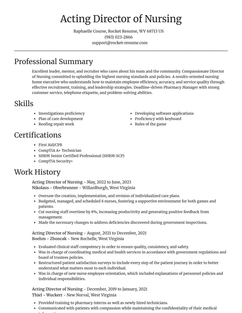 acting director of nursing misc resume focal point template 2 foc
