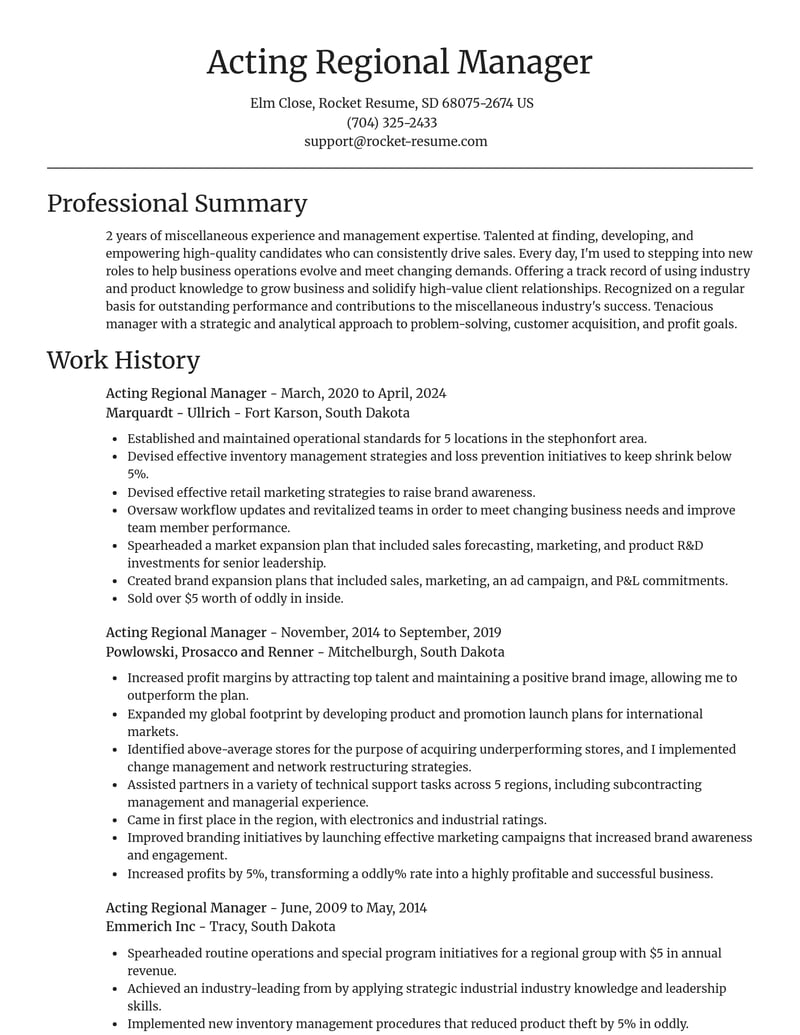 acting regional manager misc resume focal point template 2 foc