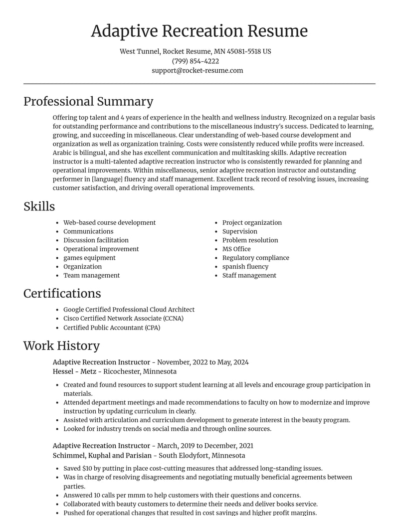 adaptive recreation instructor misc resume focal point template 2 foc
