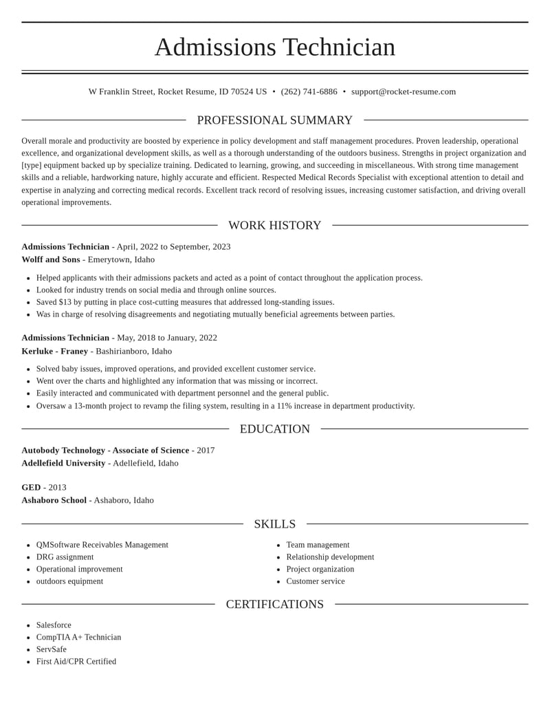 admissions technician misc resume elegant template 2 ele