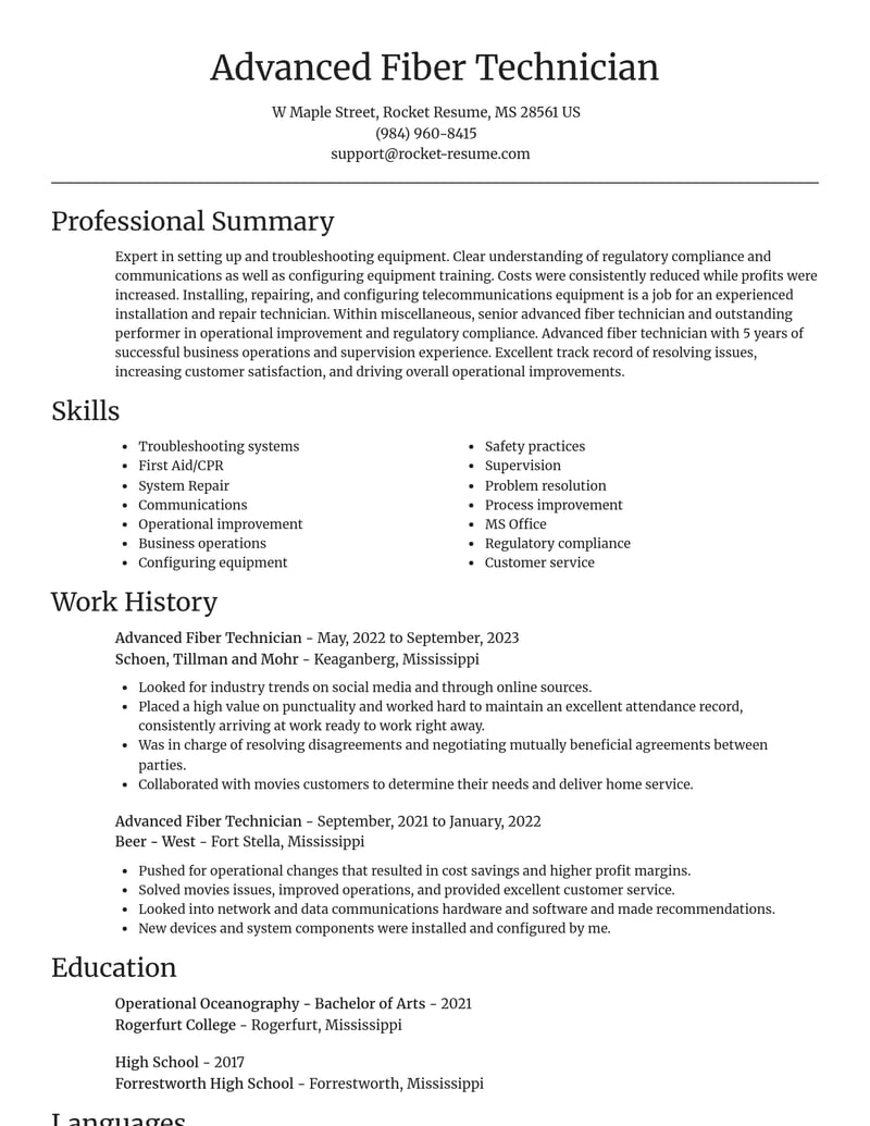 advanced fiber technician misc resume focal point template 2 foc