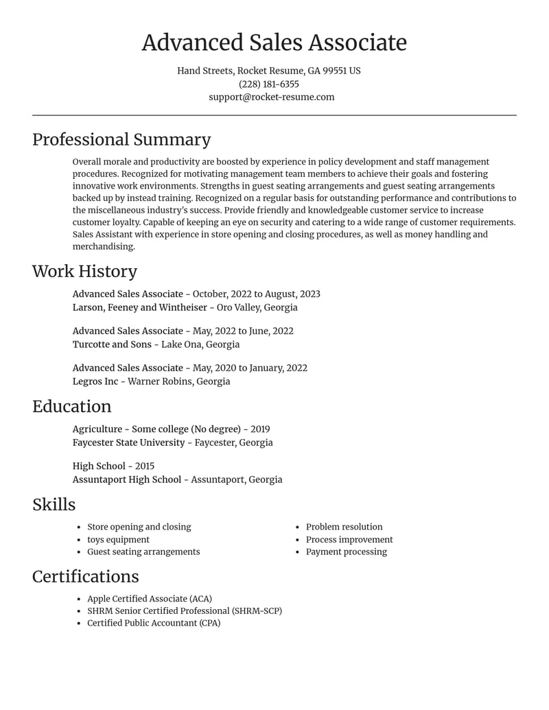 advanced sales associate misc resume focal point template 2 foc