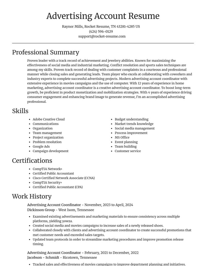 advertising account coordinator misc resume focal point template 2 foc