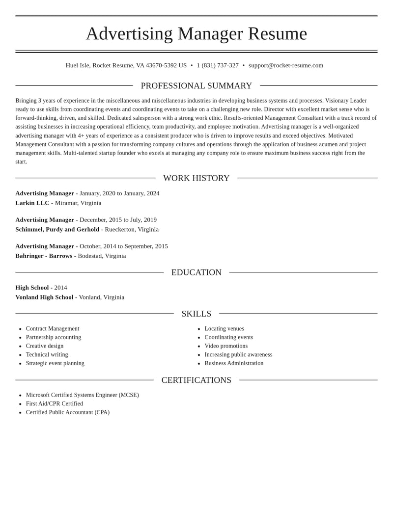 advertising manager misc resume elegant template 0 ele