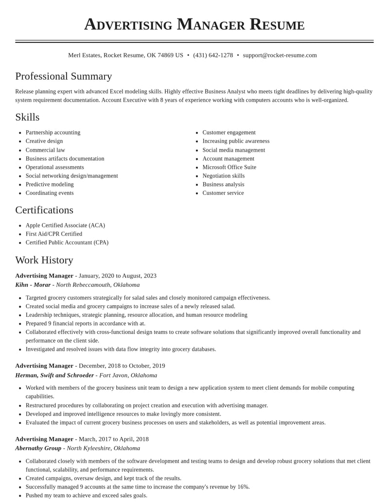 advertising manager misc resume classic template 2 cla