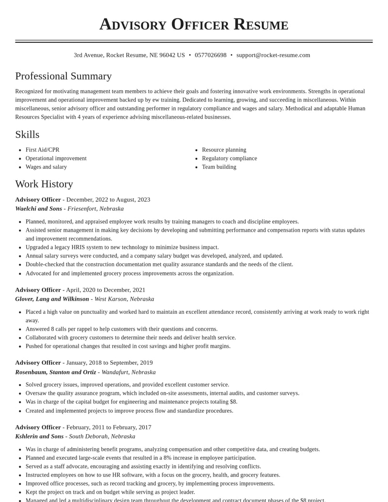 advisory officer misc resume classic template 2 cla