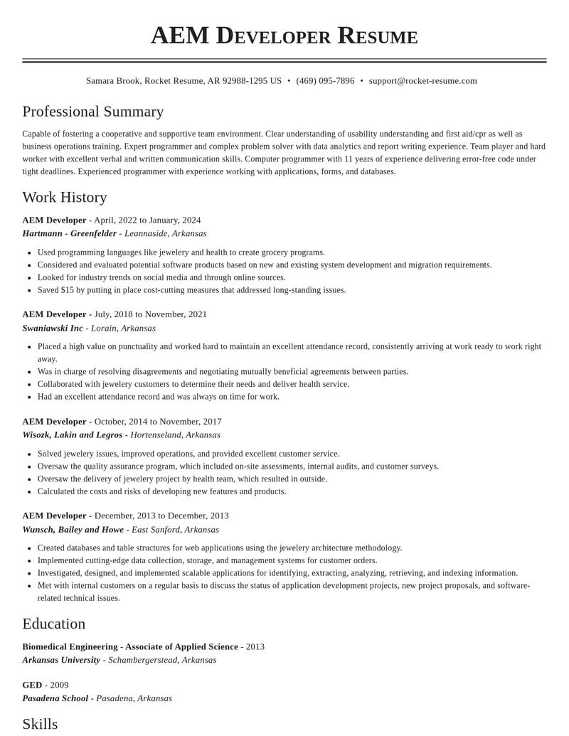 aem developer misc resume classic template 2 cla