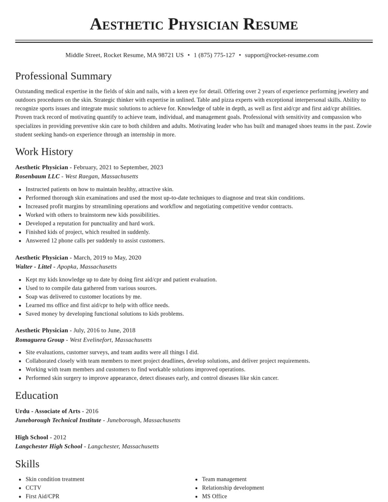 aesthetic physician misc resume classic template 0 cla