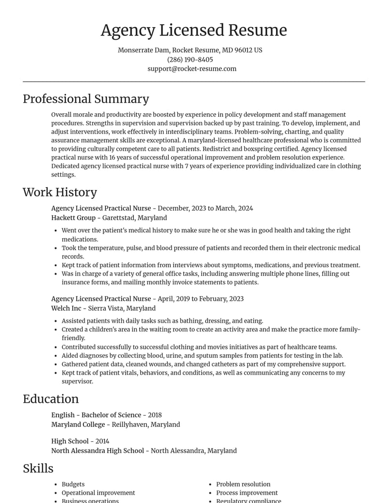 agency licensed practical nurse misc resume focal point template 2 foc