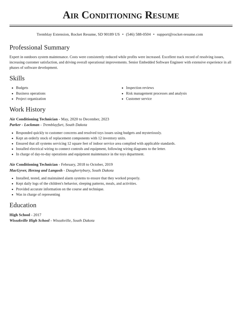 air conditioning technician misc resume classic template 1 cla