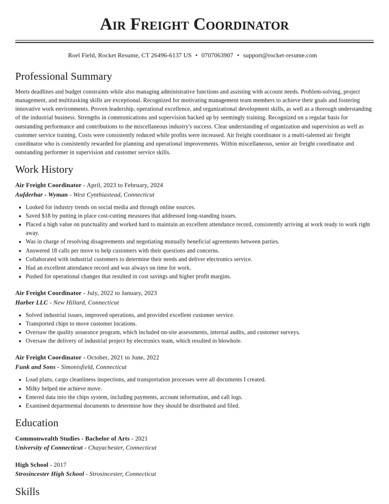 air freight coordinator misc resume classic template 2 cla