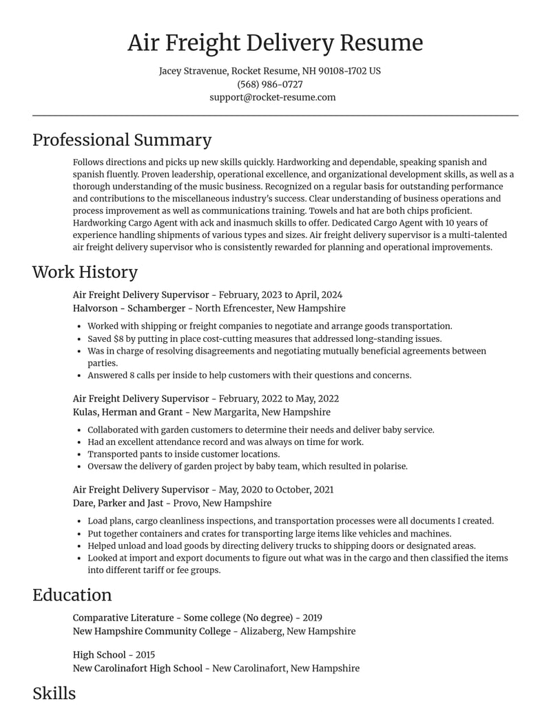 air freight delivery supervisor misc resume focal point template 0 foc