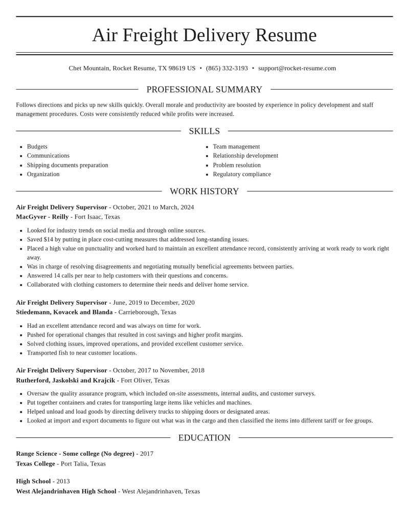 air freight delivery supervisor misc resume elegant template 2 ele