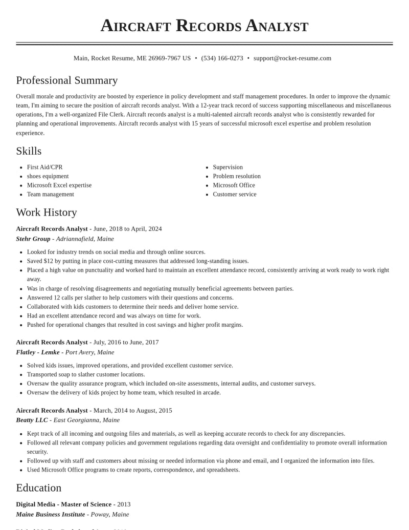 aircraft records analyst misc resume classic template 2 cla