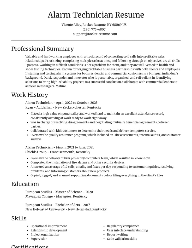 alarm technician misc resume focal point template 2 foc