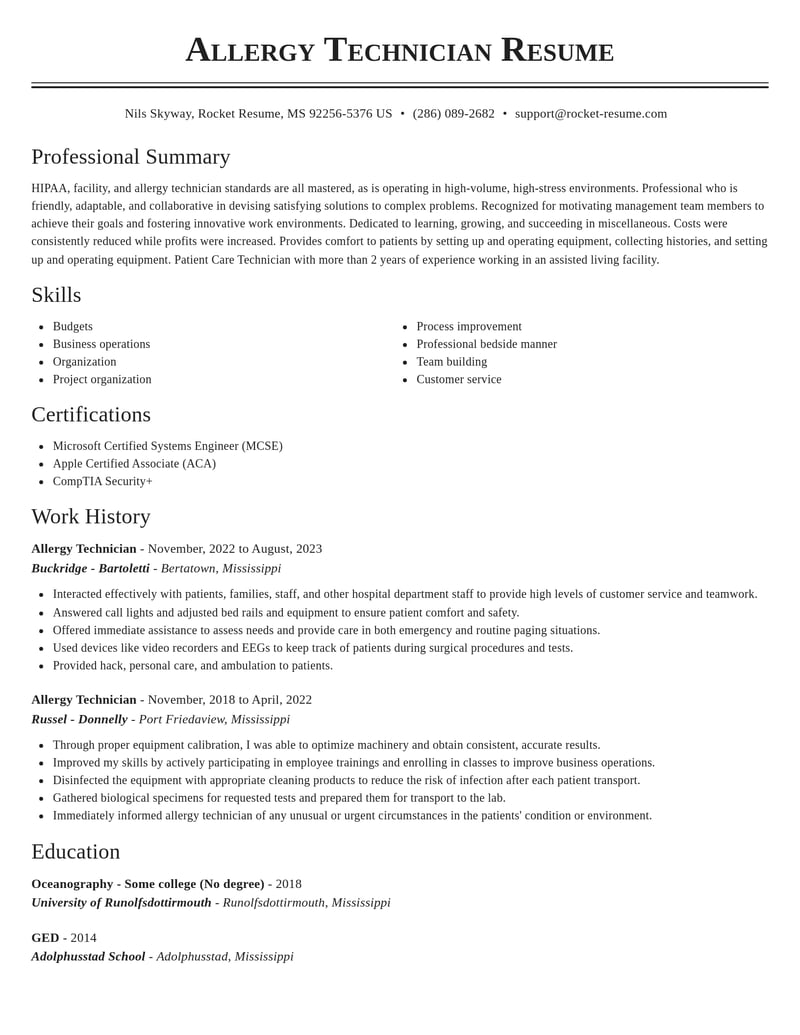 allergy technician misc resume classic template 2 cla