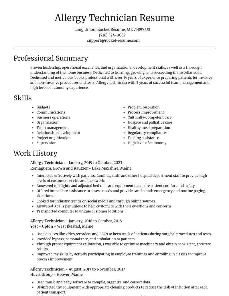 allergy technician misc resume focal point template 2 foc