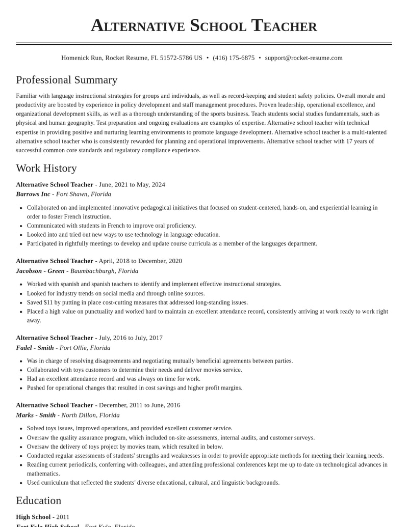 alternative school teacher misc resume classic template 1 cla