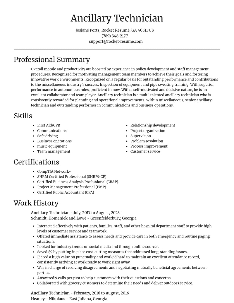 ancillary technician misc resume focal point template 2 foc